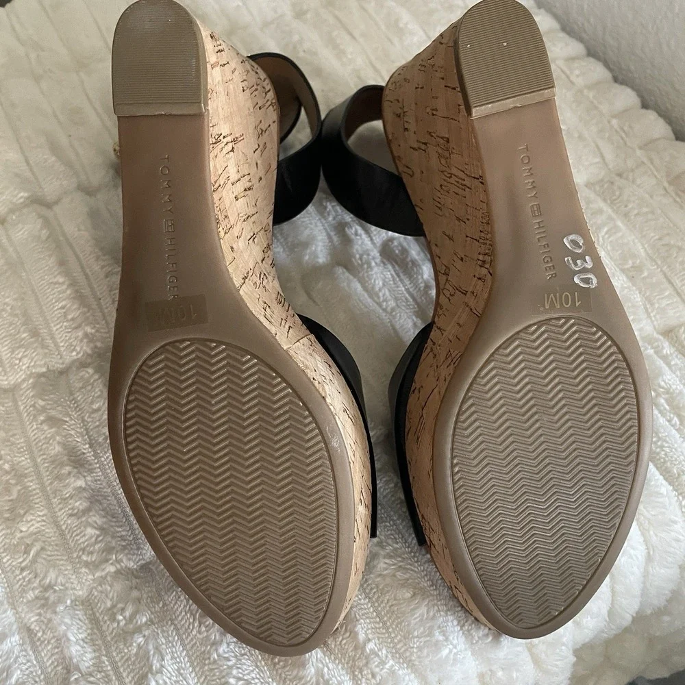 Tommy Hilfiger Womens Black Leather Cork Platform Wedge Sandals Size 10